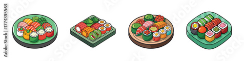 A collection of four different sushi platters, each featuring a variety of colorful sushi rolls and nigiri, presented on green plates and arranged in distinct patterns