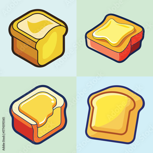 Four slices of toast with butter, depicted in a cartoonish isometric style with vibrant colors and clean lines, set against a pastel background