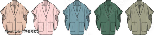 Fashion design technical flat sketch set of a women's cape coat or poncho jacket in multiple colorways for apparel collection