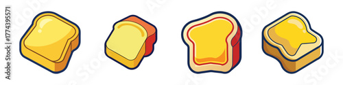 A collection of four cartoonstyle slices of buttered toast, each presented at a different angle on a clean, showcasing the golden yellow butter and toasted bread crust
