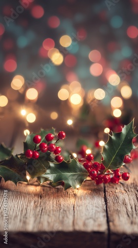 Christmas Candlelight with Holly and Bokeh Lights on Wooden Table