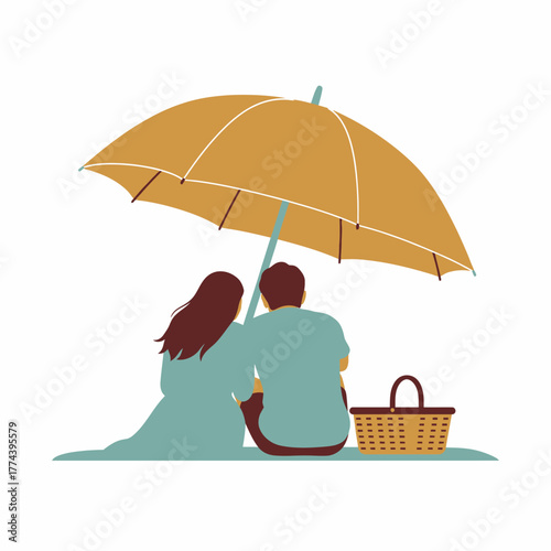 Couple enjoying a picnic under an umbrella, sharing a quiet moment together.