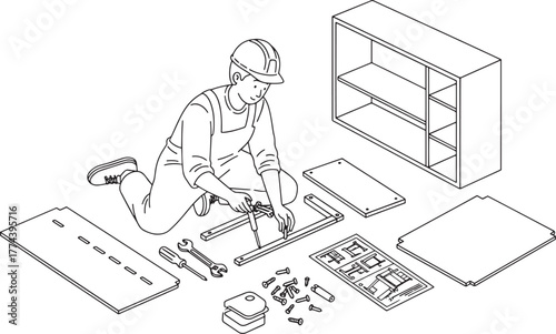 DIY Furniture Assembly Line Art: Person Building Flat Pack Cabinet with Tools