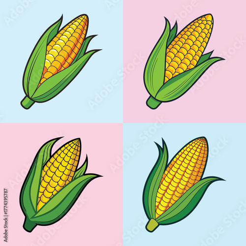 Four cartoonstyle illustrations of corn on the cob, each with green husks and yellow kernels, arranged in a 2x2 grid on a pastel blue and pink background
