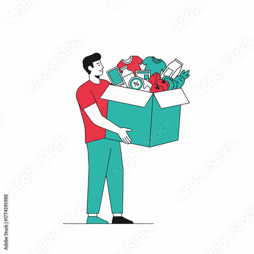 Man carrying a box filled with various items for donation or delivery.