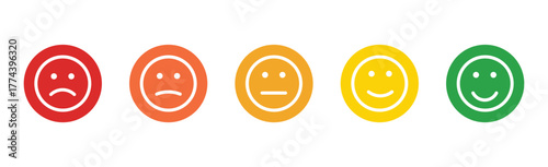 Customer feedback emoji icon on circle background. Five facial level review concept