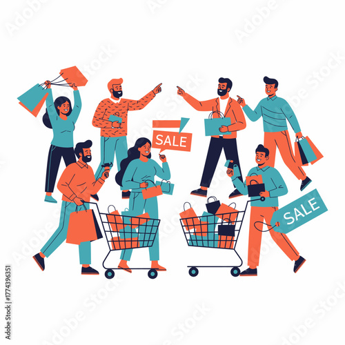 Shoppers enthusiastically pointing and shopping during a sale event.