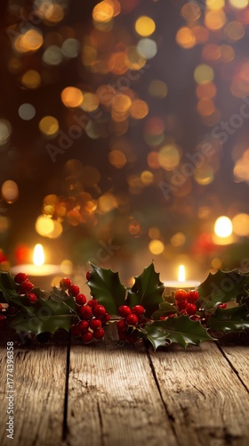 Christmas Candlelight with Holly and Bokeh Lights on Wooden Table
