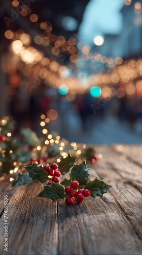 Christmas Candlelight with Holly and Bokeh Lights on Wooden Table