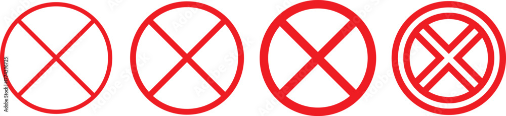 Obraz premium No icon set. Stop sign symbol. Set of red prohibition sign vector icons for signs, Disallowed or no symbol for public. Red warning icon. No entry sign or stop . Red circle sign stop entry ang slash 