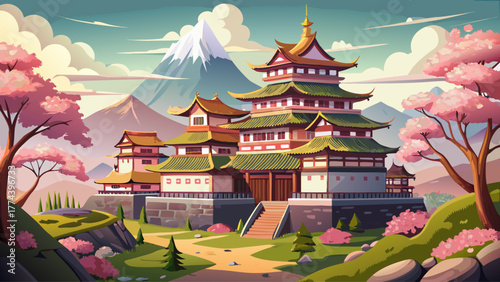 vector of a Japanese castle surrounded by cherry blossoms, wooden roofs, mountains in background, warm spring light, historical and elegant architecture