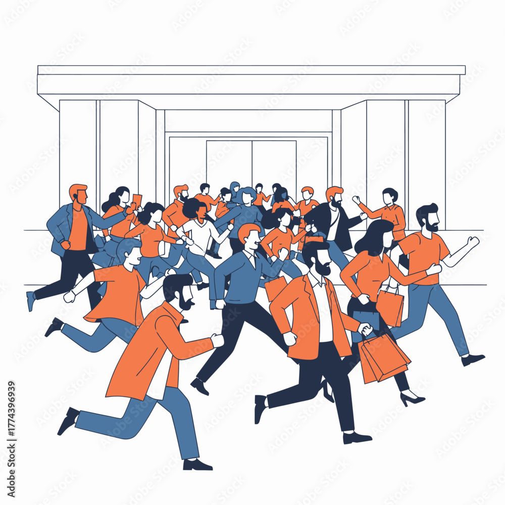 Obraz premium People running away from building in panic situation.