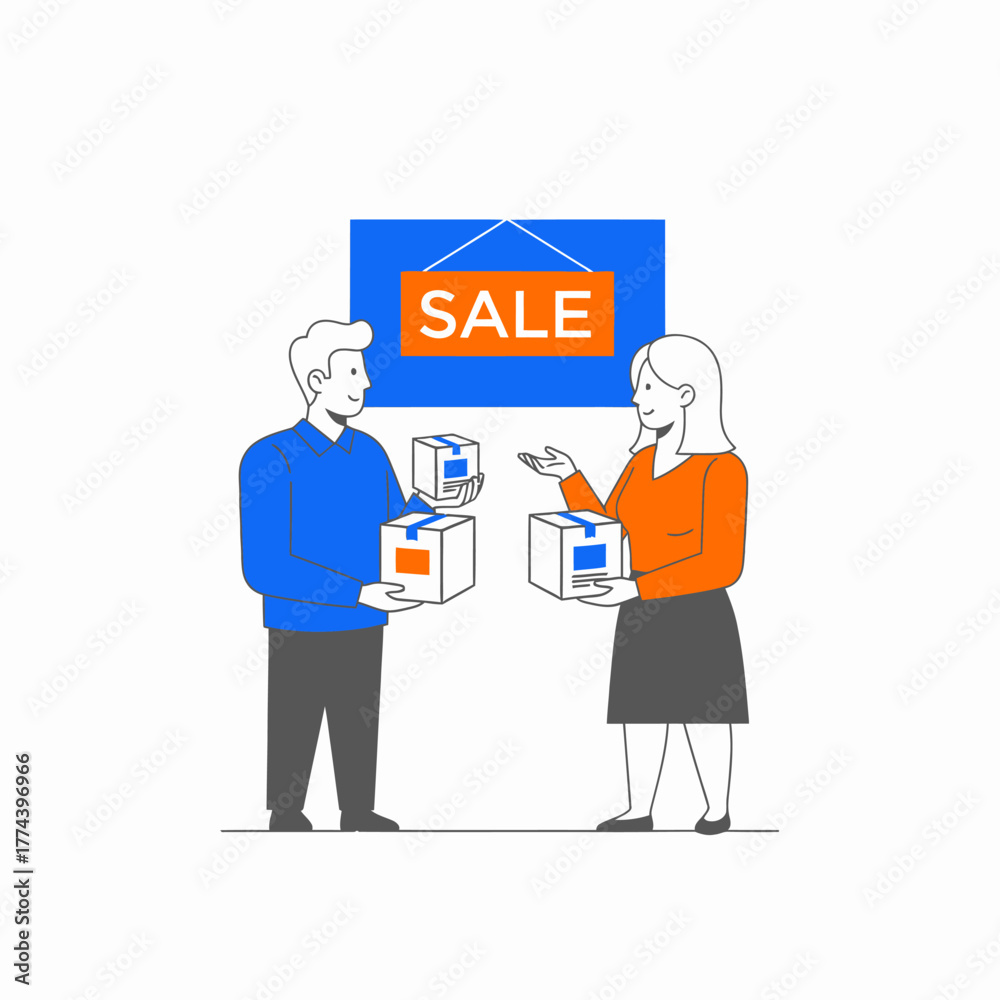 Obraz premium Man and woman holding boxes in front of sale sign.