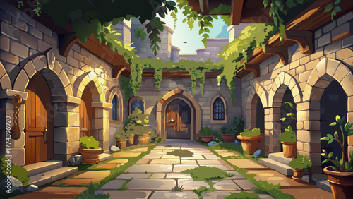 vector of a medieval castle courtyard with stone arches, ivy-covered walls, wooden doors, sunlight streaming through, ancient architecture, calm and nostalgic warm atmosphere
