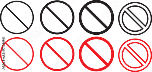 No icon set. Stop sign symbol. Set of red prohibition sign vector icons for signs, Disallowed or no symbol for public. Red warning icon. No entry sign or stop . Red circle sign stop entry ang slash 
