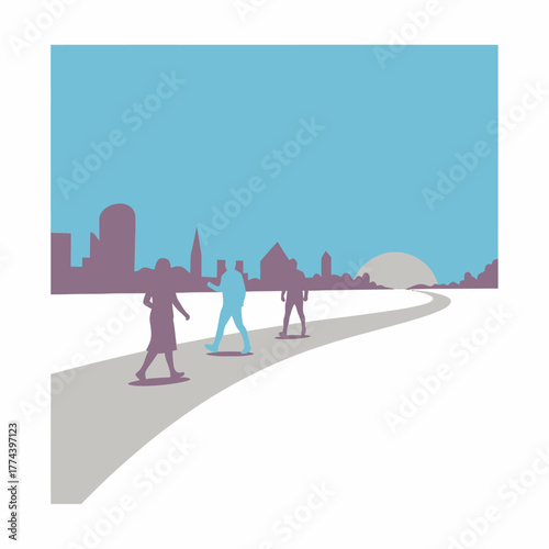 Silhouettes of people walking on a winding road towards a city skyline at sunset.
