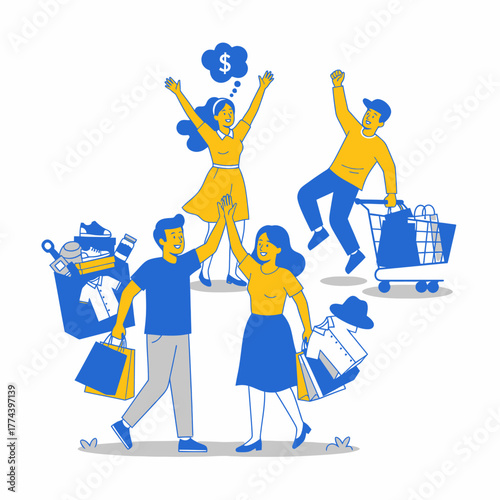 Joyful Shoppers Celebrating Successful Shopping Spree with Bags and Carts.