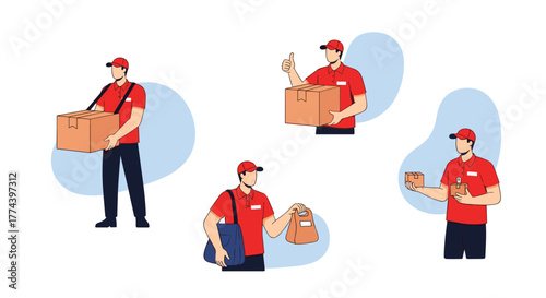 Illustration of delivery people in red uniforms holding packages and giving thumbs up.