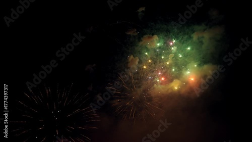 Vibrant fireworks exploding across night sky in spectacular light display