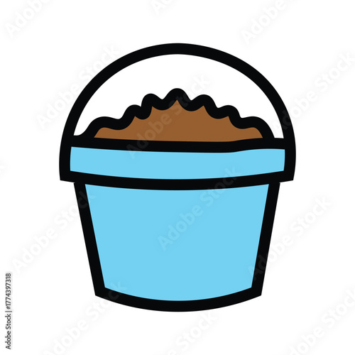 A light blue bucket is filled with soil over white background