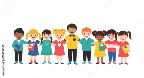Diverse group of smiling cartoon children holding hands and books in solidarity.