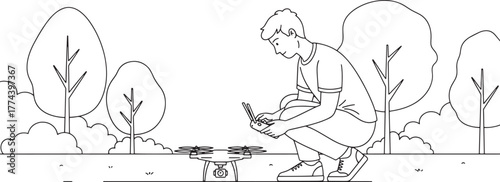 Man Operating Drone with Remote Control in Park - Line Art Illustration