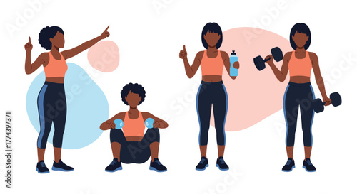 Woman doing various fitness exercises including weight lifting and stretching.