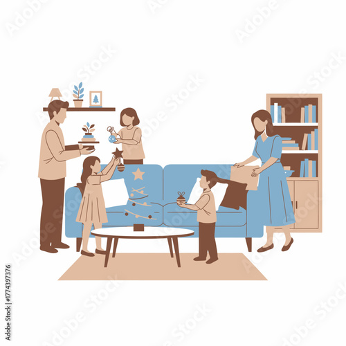 Family decorating living room together, creating a cozy and personalized home environment.