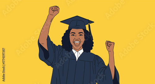 A jubilant woman in a graduation cap and gown raises her fists in celebration against a bright yellow background.