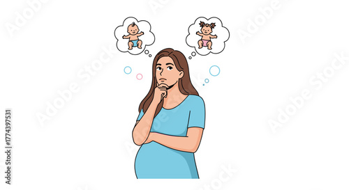 Pregnant woman pondering the gender of her unborn child, imagining either a baby boy or a baby girl, reflecting on future parenthood.