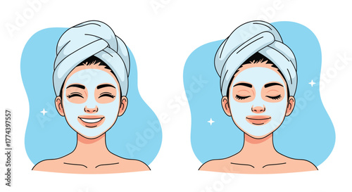 A woman enjoying a relaxing skincare routine with a face mask and hair towel, showing a happy and serene expression.