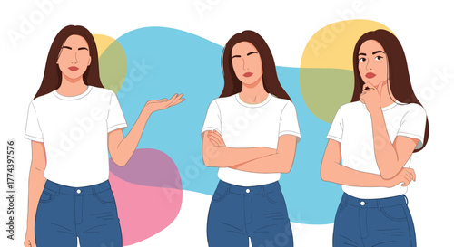 A collection of illustrations depicting a woman expressing different moods and actions, from presenting to contemplating.