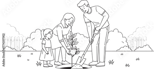 Family Planting Tree Together in Garden - Environmental Care and Earth Day Line Art