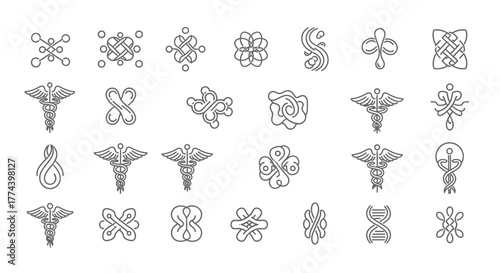 Collection of Intricate Line Art Symbols and Medical Caduceus Designs.