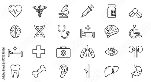 Collection of Medical Icons Representing Healthcare Anatomy and Medical Equipment.