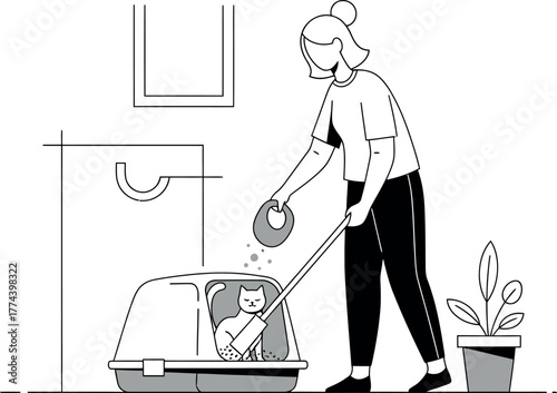Woman Cleaning Cat Litter Box Flat Line Art Illustration