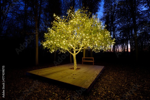 Illuminated tree stands on a wooden platform, surrounded by a dark forest at night