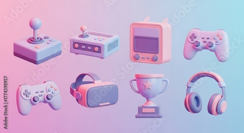 Playful 3D Render of Diverse Video Game Equipment and Trophies in Pink and Blue Tones