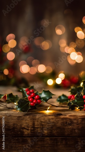 Christmas Candlelight with Holly and Bokeh Lights on Wooden Table