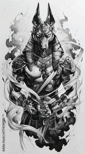 Ancient Divinity: Anubis, the revered jackal-headed deity, embodies the mysteries of the afterlife with his imposing presence. A captivating artwork invites contemplation.