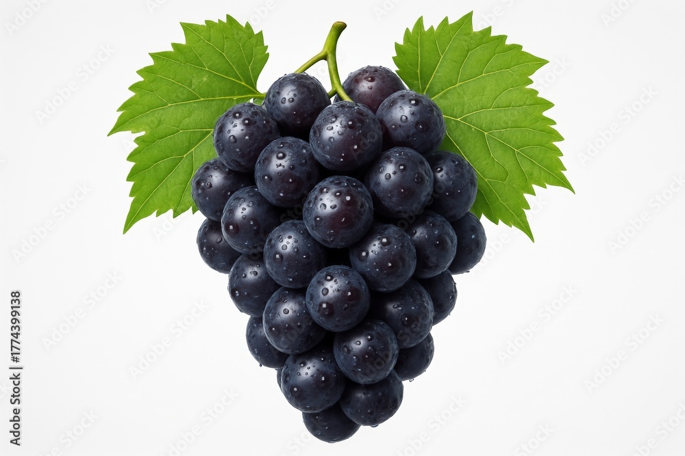 Fototapeta premium Bunch of black grapes with dew drops and green leaves isolated on white background, showcasing freshness and organic food concept in high detail. Ai generative