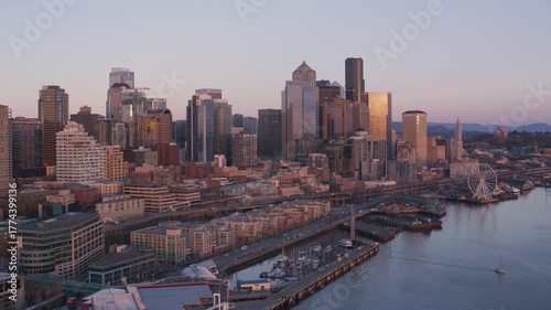 Aerial shot of Seattle city skyline at sunset. 