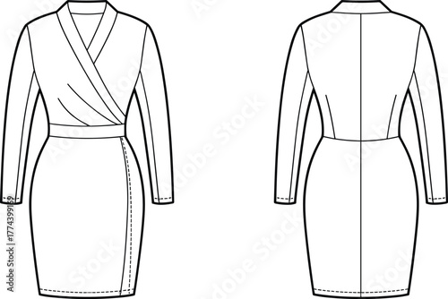 Wrap pencil dress flat sketch, front and back view, fashion illustration, long sleeve design, V-neckline, fitted silhouette, vector drawing, garment template