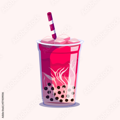 Bright pink bubble tea with milk and tapioca pearls served in a clear cup.