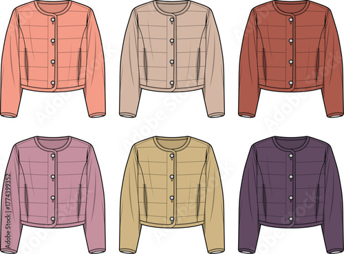 Fashion concept collection of women's cropped quilted bomber jackets. Detailed technical illustrations in diverse colors for apparel design and modern production guides
