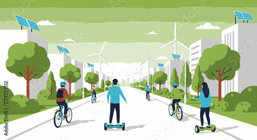 Eco-friendly city with people cycling and hoverboarding, featuring solar panels and wind turbines.