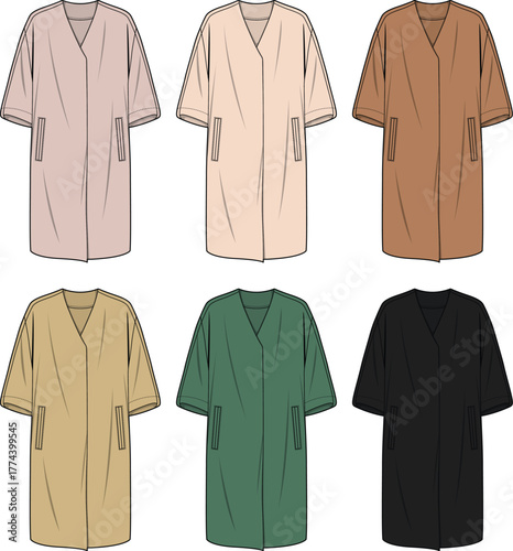 Set of women's duster coat technical fashion flat sketches. Collarless V-neck outerwear template with short sleeves and patch pockets in various colors