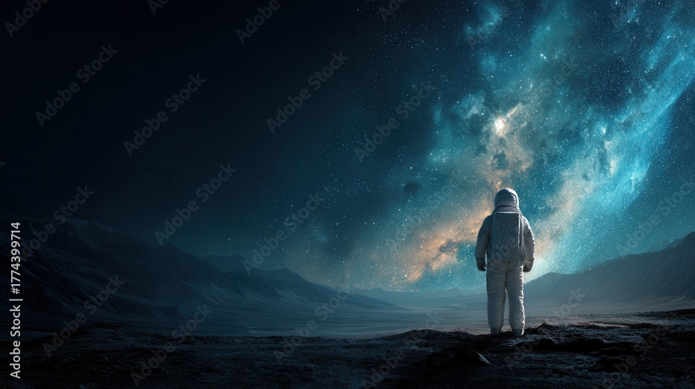 Fototapeta premium astronaut standing on alien planet, glowing cosmic sky background