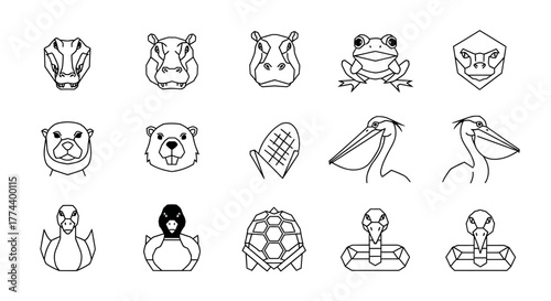 Collection of illustrated animal faces and body parts in a minimalist black and white style.