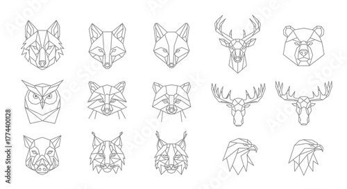 Collection of geometric animal head designs, including fox, deer, bear, owl, raccoon, lynx, boar, and eagle.